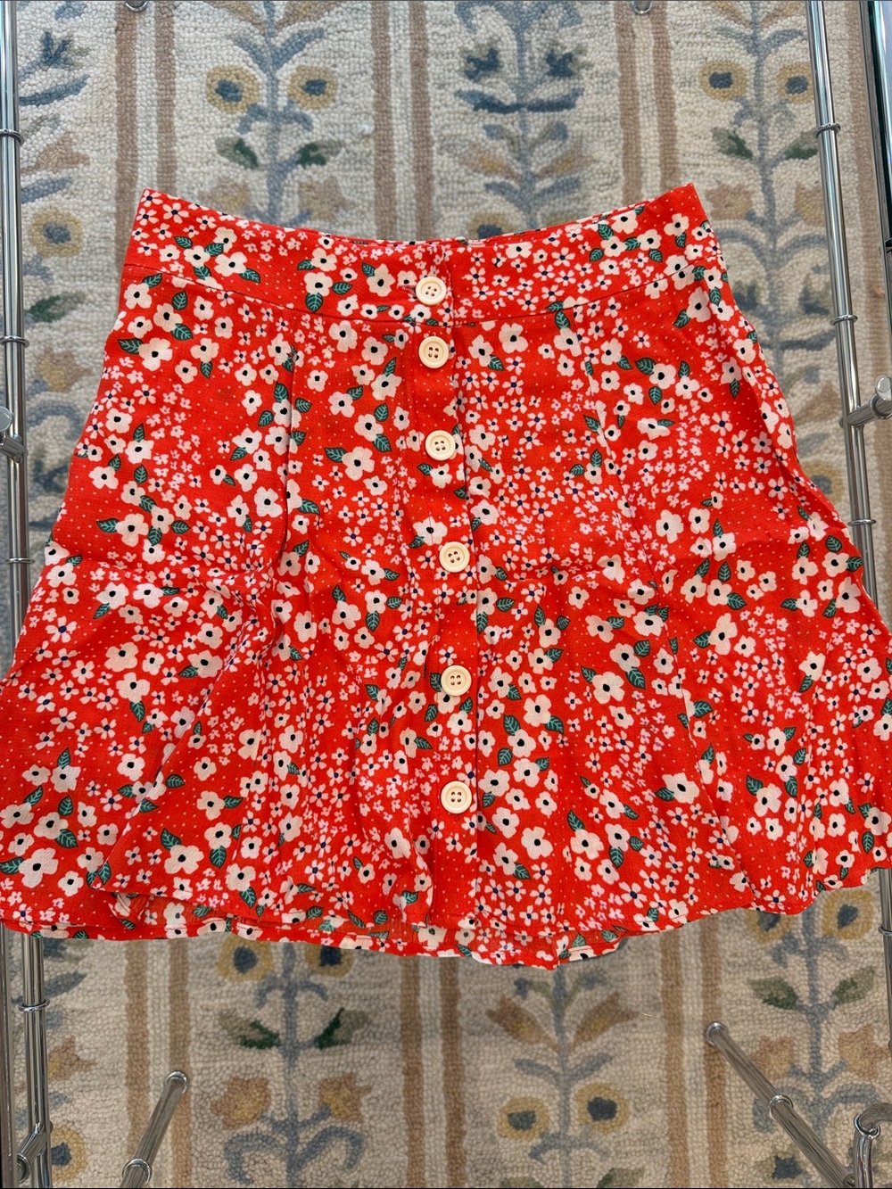 Bright Red Floral Button-Front Mini Skirt